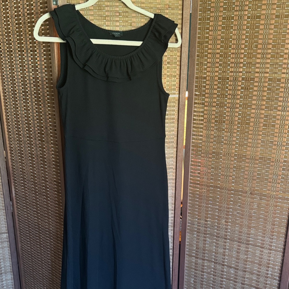 Ann Taylor Black Sleeveless Midi Dress with Ruffle Neck